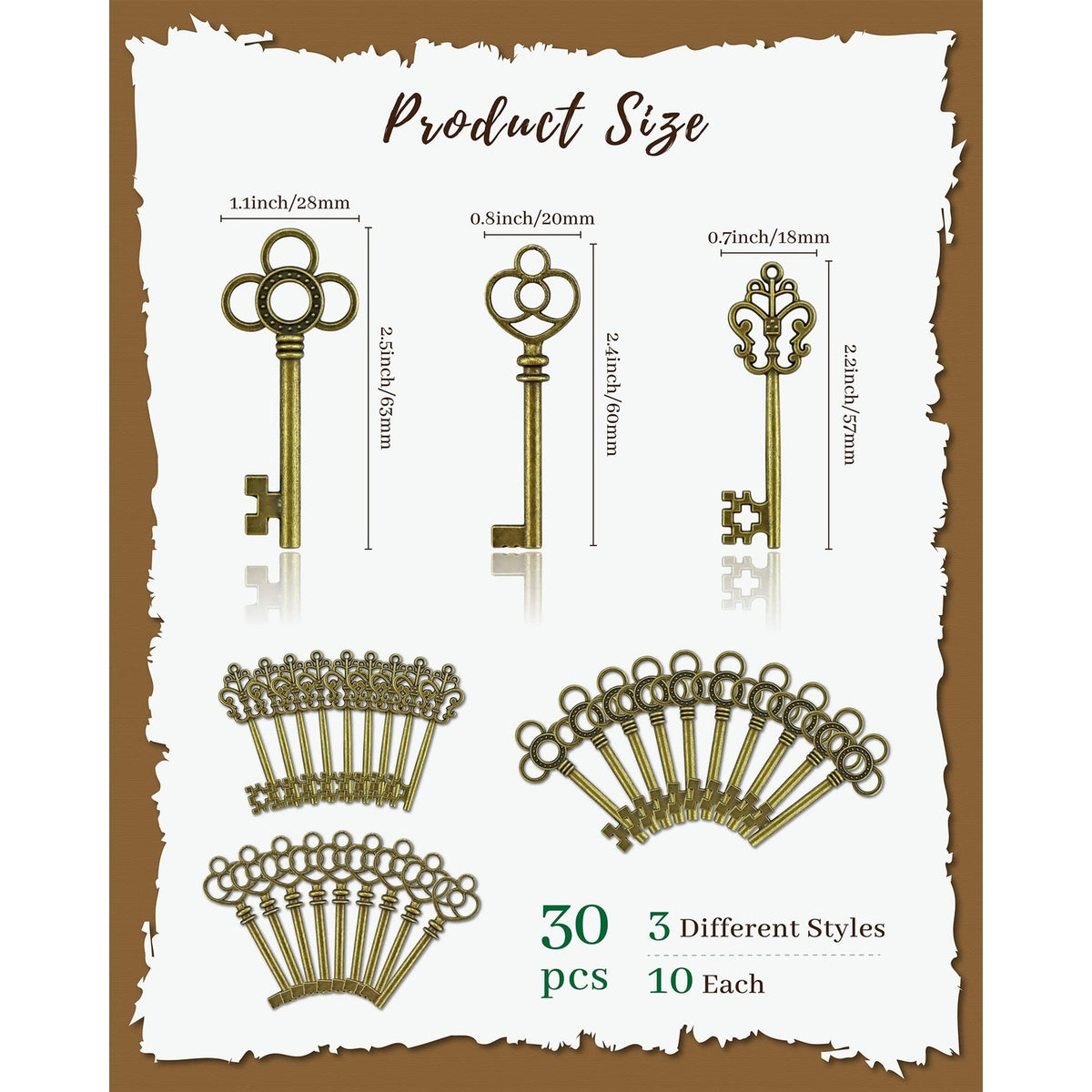 JIALEEY 3 Type of 30 PCS Vintage Large Skeleton Key Set Charms, Mixed Antique Style Bronze Brass Key Set Charms for Pendant DIY Jewelry Making Wedding Party Favors