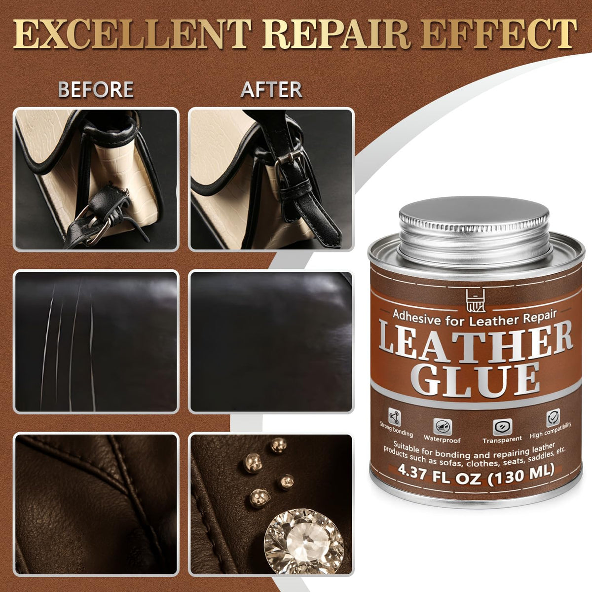 Leather Glue, 130ml Waterproof High Strength Adhesive, Clear Flexible Repair Cement for Bonding Between Sofas, Car Seats, Saddles, Crafting, DIY Projects
