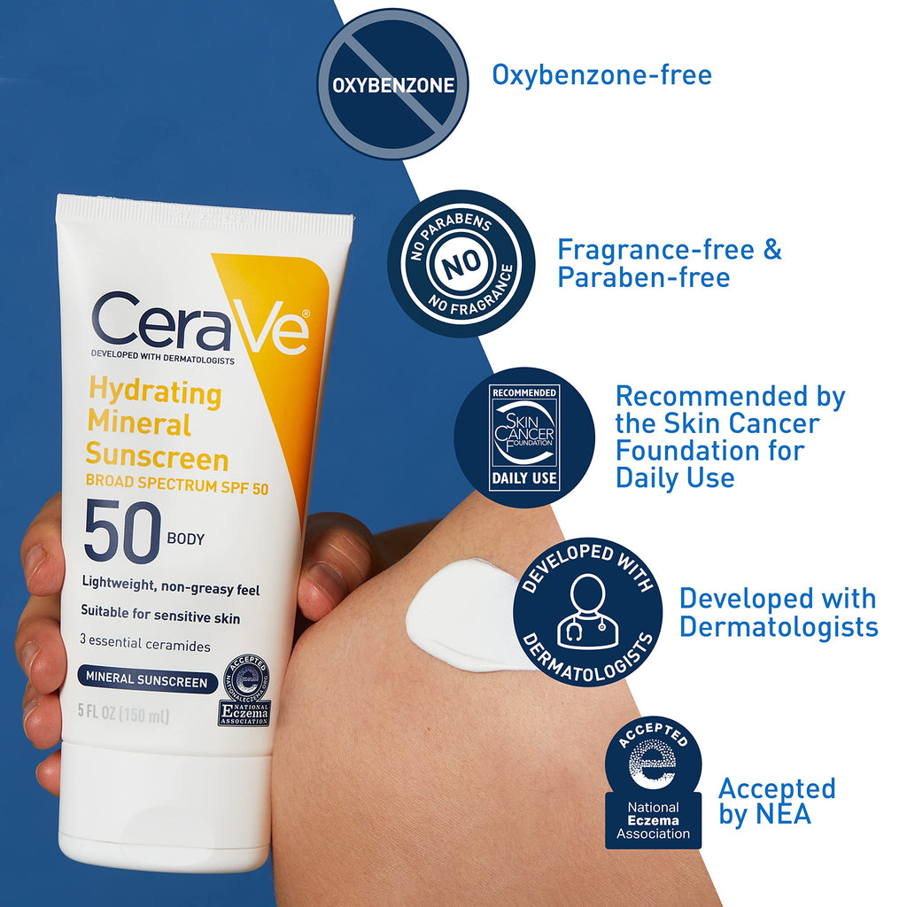 CeraVe Hydrating Mineral Sunscreen SPF 50 Face Sunscreen, Travel Size 2.5oz | Face Sunscreen with Zinc Oxide, Titanium Dioxide, Hyaluronic Acid, & Niacinamide For Broad Spectrum Protection