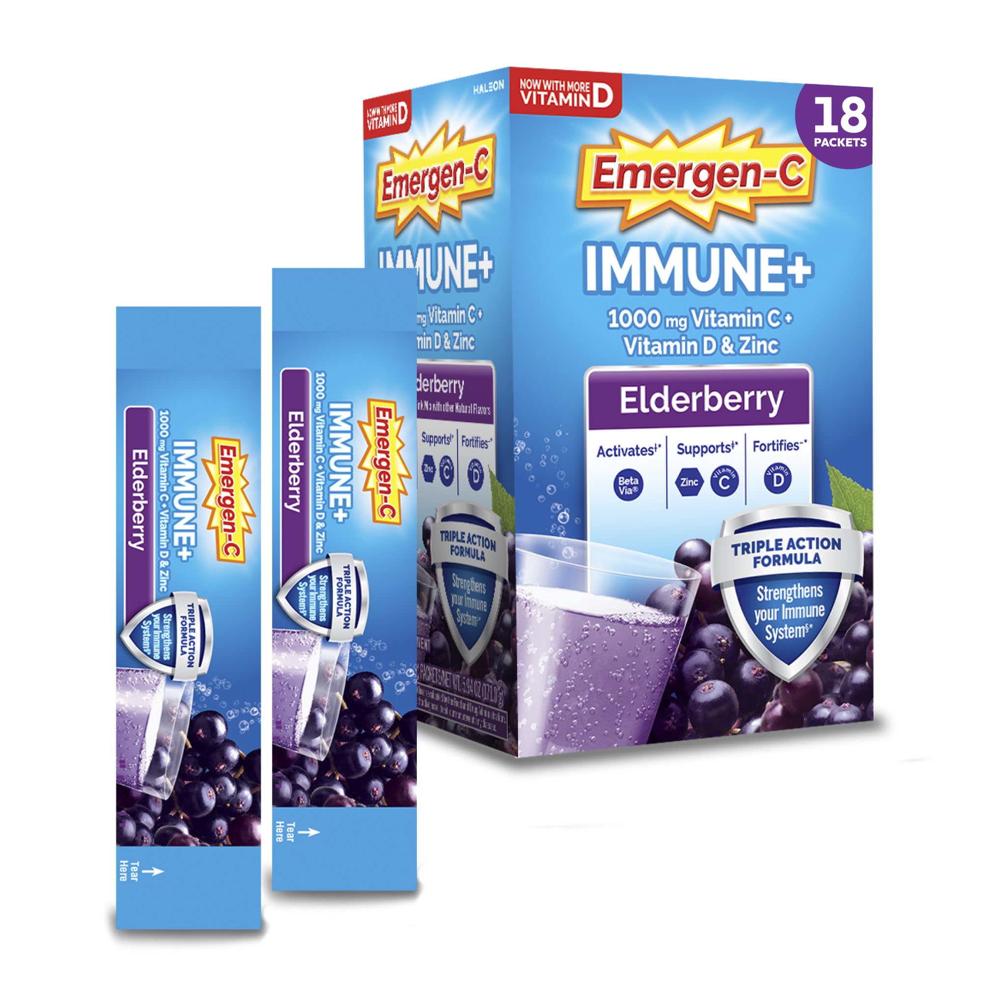 Emergen-C Immune+ Triple Action Immune Support Powder, Elderberry, 18 ct