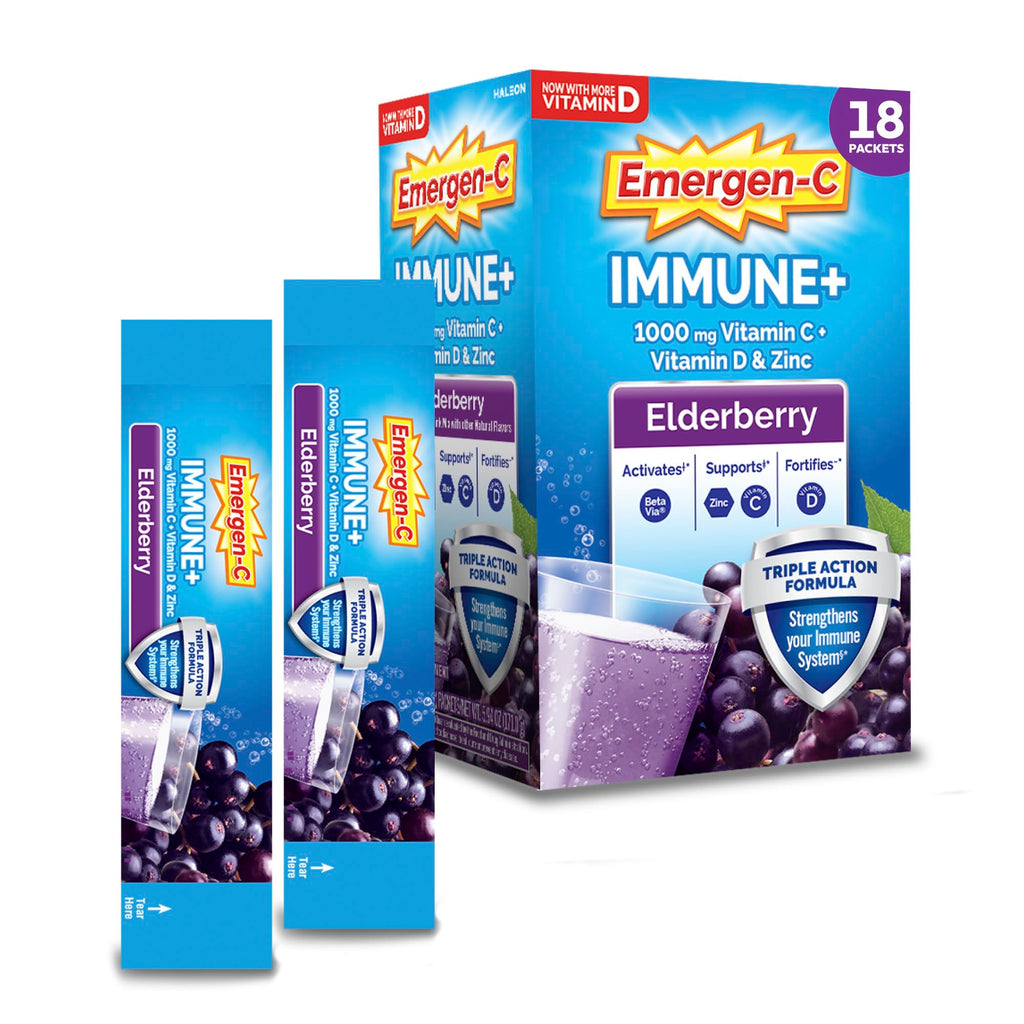 Emergen-C Immune+ Triple Action Immune Support Powder, Elderberry, 18 ct