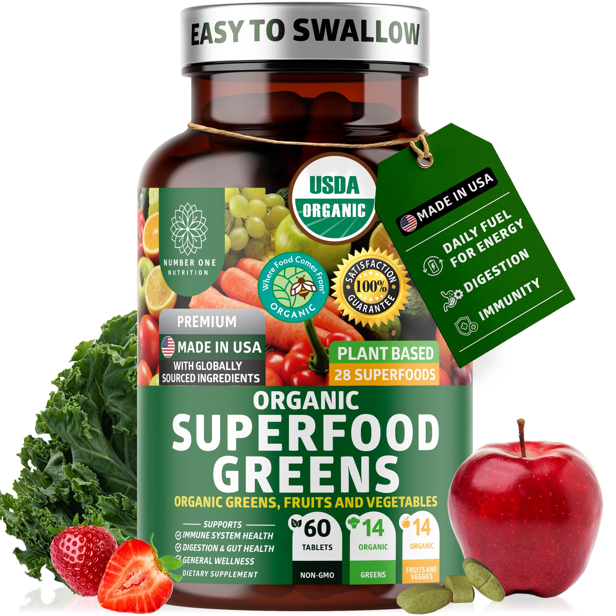 Number One Nutrition USDA Organic and Easy-to-Take Super Greens, Better Than Powder Fruits & Veggies Supplement with 28 Superfood Ingredients Like Alfalfa, Beet Root and Ginger, 120 Tablets