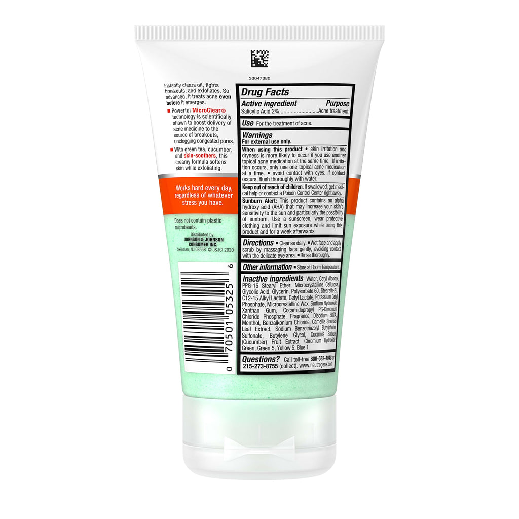 Neutrogena Oil Free Acne Stress Control Power Clear Face Scub, 4.2 fl oz | 2% Salicylic Acid, Acne-Prone Skin, Exfoliating Daily Facial Scrub