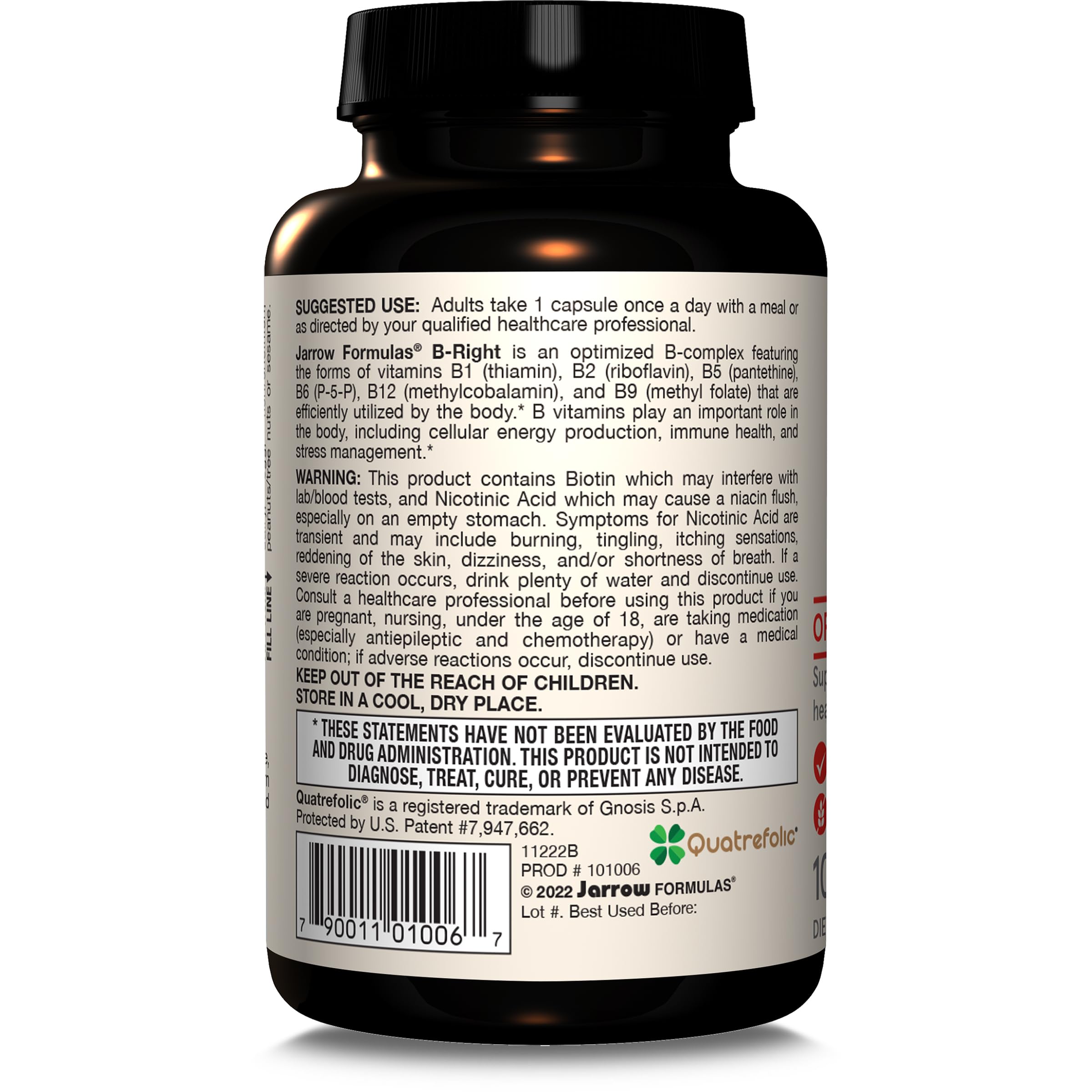 Jarrow Formulas B-Right,Optimized B Complex Featuring Vit B1,B2,B5,B6,B12 and B9 to Support Cellular Energy,Immune Health and Stress Management,100 Veggie Caps,Up to a 100 Day Supply, Pack of 12