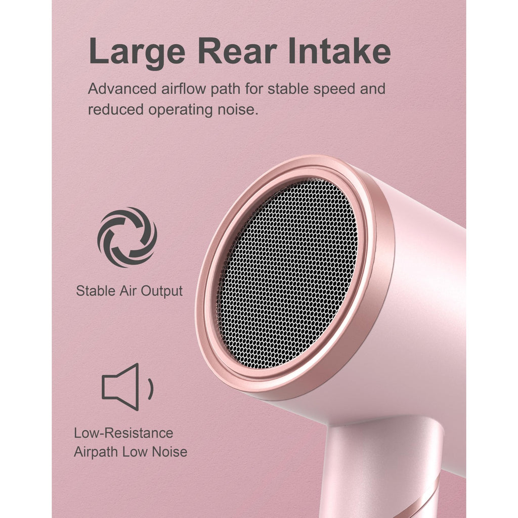 ANNLARY Hair Dryer with Comb, ANNLARY 1800W Blow Dryer with Diffuser for Curly Hair, Plasma Ionic Hair Dryer for Frizz Control, Foldable Portable Low Noise Hairdryer, 6.5 ft ALCI Cord （Pink）