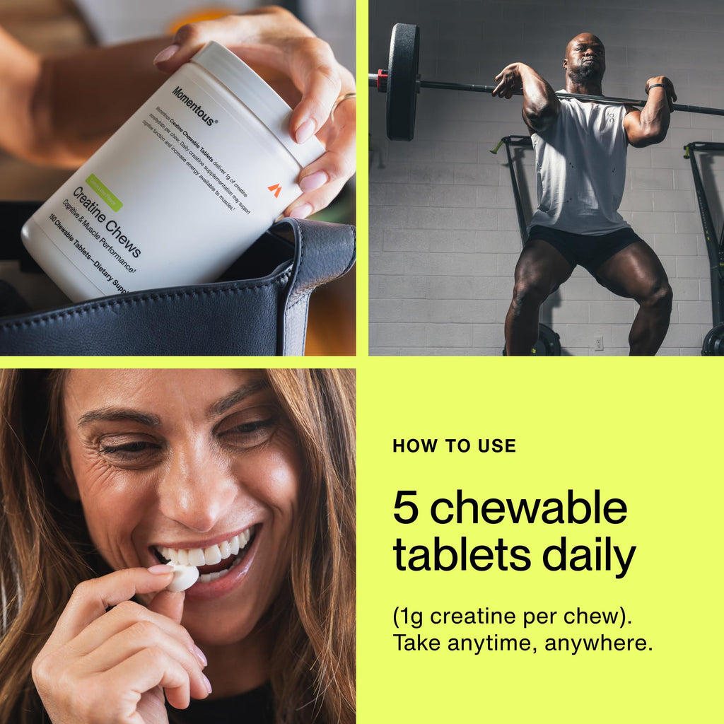 Momentous Creatine Monohydrate Chews, 5g per Serving, Lemon Lime | Supports Lean Muscle, Strength, & Recovery, Chewable Tablets, NSF Certified for Sport, Non-GMO & Gluten-Free (30 Servings)