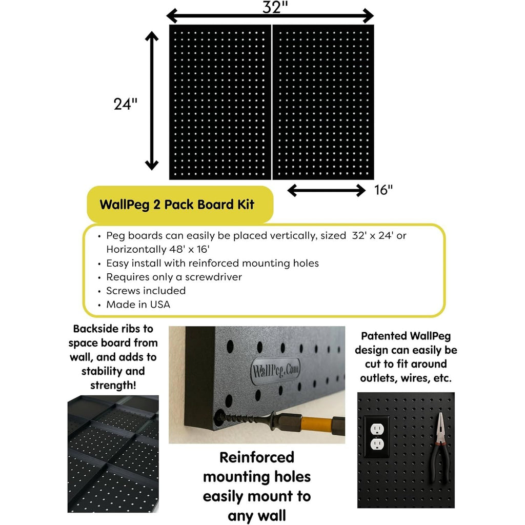 Buy now WallPeg 2 Black Pegboard Panels (24"x16" Each) with 36 Assorted Peg Hooks – Heavy-Duty Peg Board Garage Organizer Kit – Patented Flex-Lock Hooks – Made in USA Wall Storage System at indiglob india