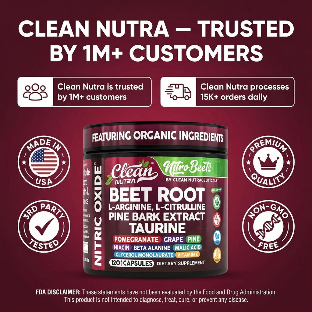 Clean Nutra Organic Beet Root Capsules L Arginine L Citrulline Pine Bark Nitric Oxide Beetroot Powder Arginine Citrulline Supplement Pre Workout Supplements Extract – 120 Vegan Pills