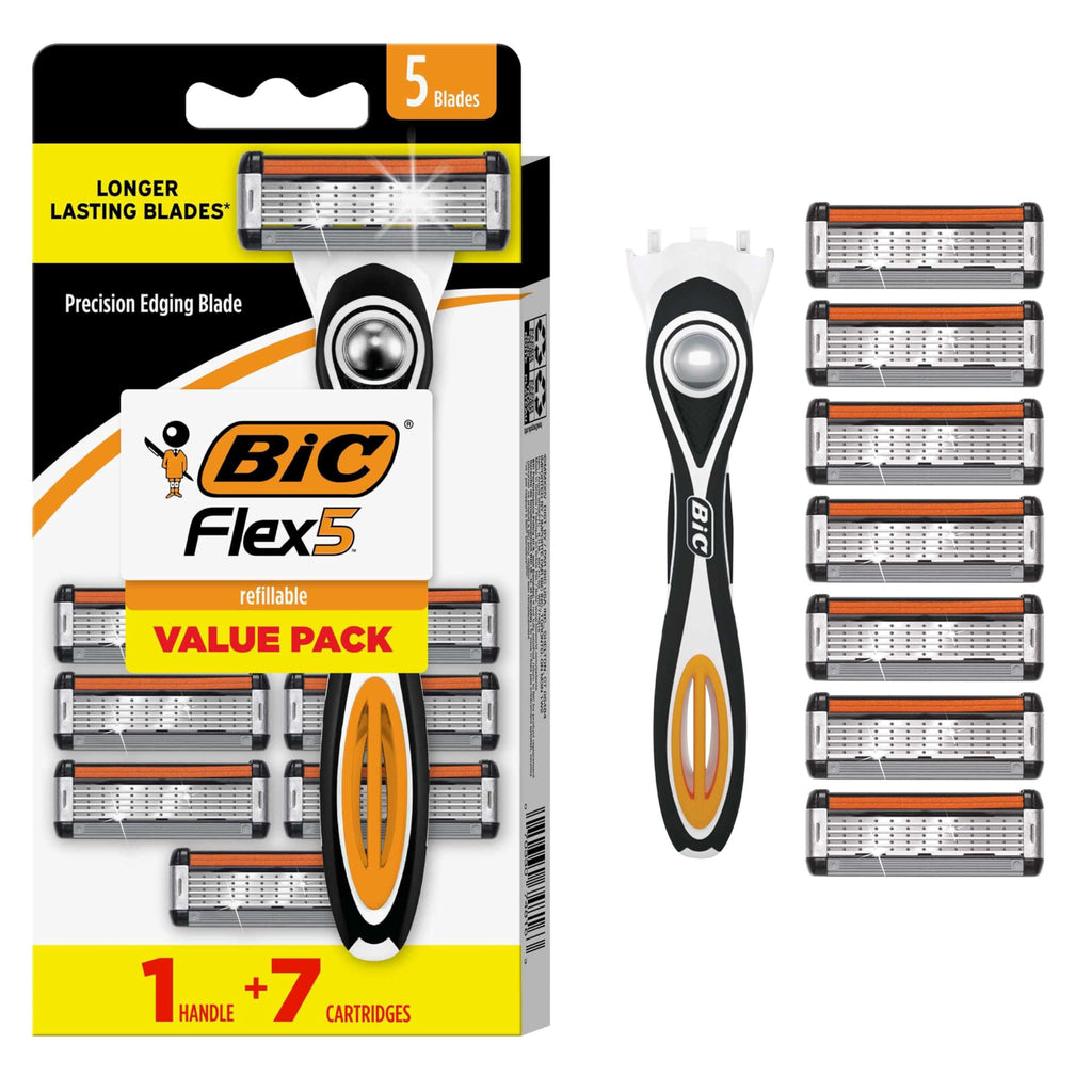 BIC Flex 5 Men's Refillable 5-Blade Razors with 7 Cartridges | Lubricating Strip with Aloe and Vitamin E, Pivoting Head, Precision Edging Blade, 8-Piece Shaving Kit