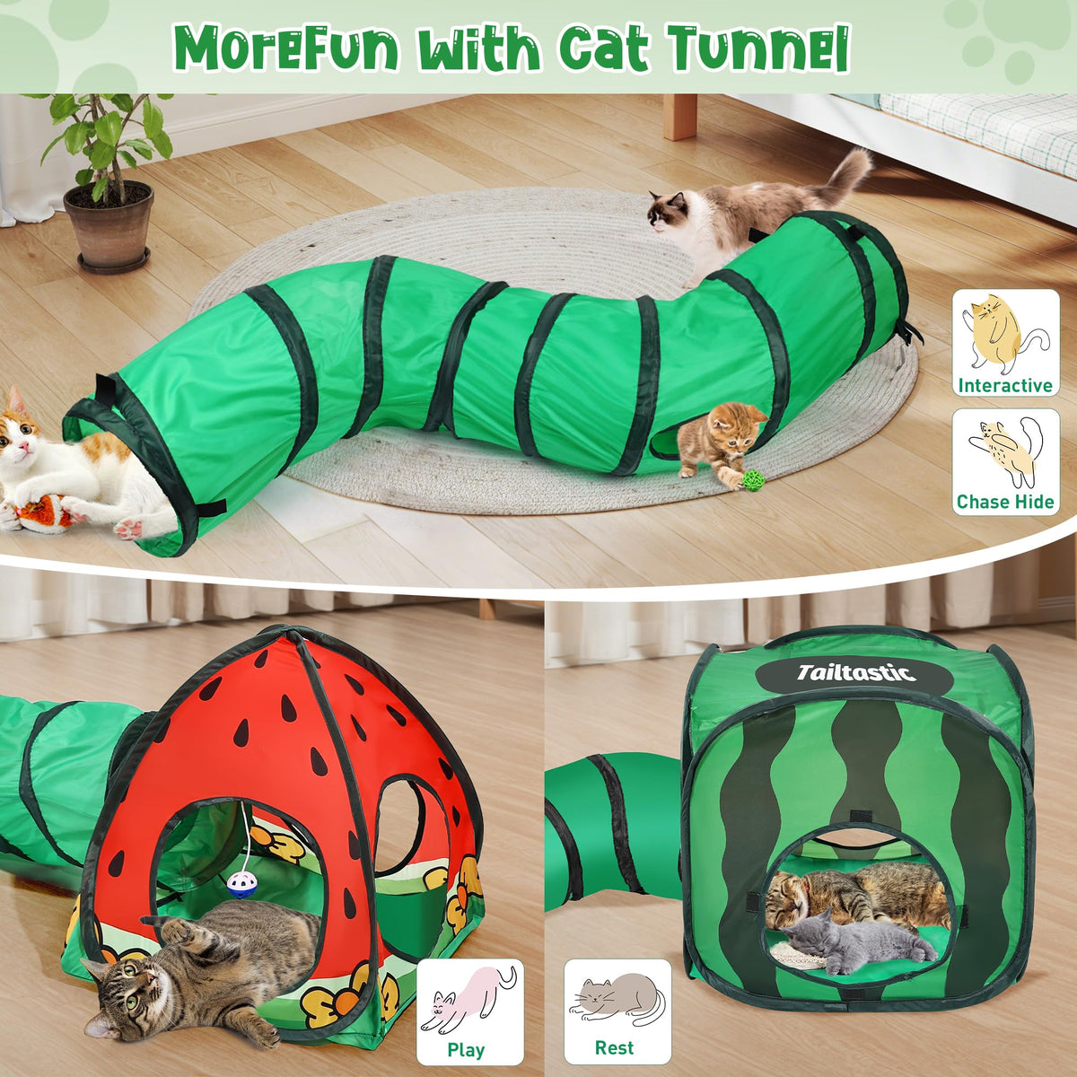Tailtastic 3-in-1 Watermelon Cat Tunnel with Cube, Tent & Ball for Indoor