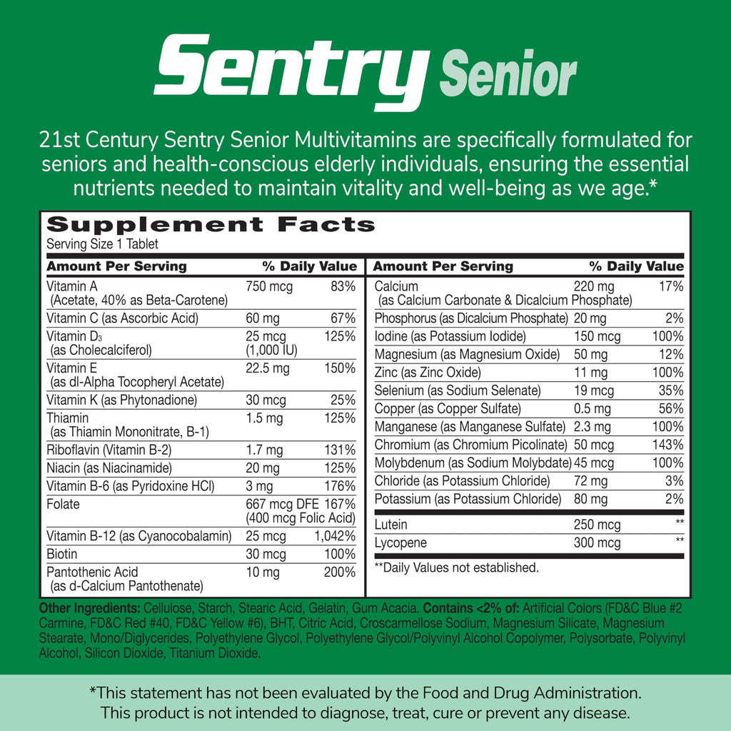 21st Century Sentry Senior Multivitamin, Adults 50+, 265 Tablets | Complete Daily Multivitamin & Multimineral, Compare VS. Centrum® SILVER Adults, Adults 50 Plus, Supports Heart, Eye