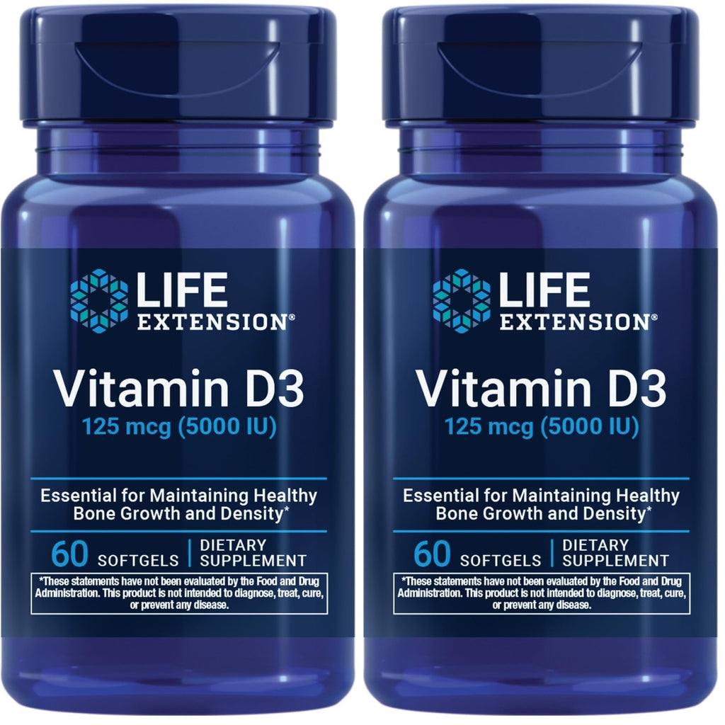 Life Extension Vitamin D3 125 mcg (5000 IU), Bone Health, Brain Performance, Immune System Support, Gluten-Free, Non-GMO, Once Daily, Two-Month Supply, 60 Softgels (Pack of 2)