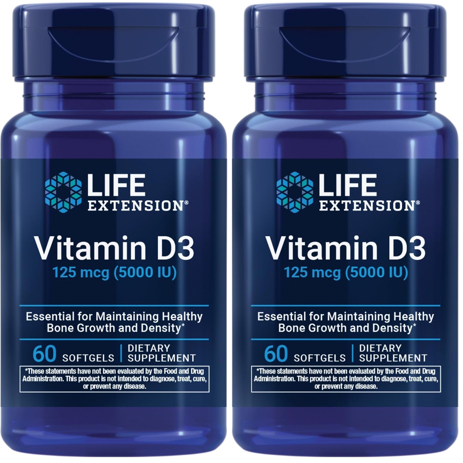 Life Extension Vitamin D3 125 mcg (5000 IU), Bone Health, Brain Performance, Immune System Support, Gluten-Free, Non-GMO, Once Daily, Two-Month Supply, 60 Softgels (Pack of 2)