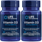 Life Extension Vitamin D3 125 mcg (5000 IU), Bone Health, Brain Performance, Immune System Support, Gluten-Free, Non-GMO, Once Daily, Two-Month Supply, 60 Softgels (Pack of 2)