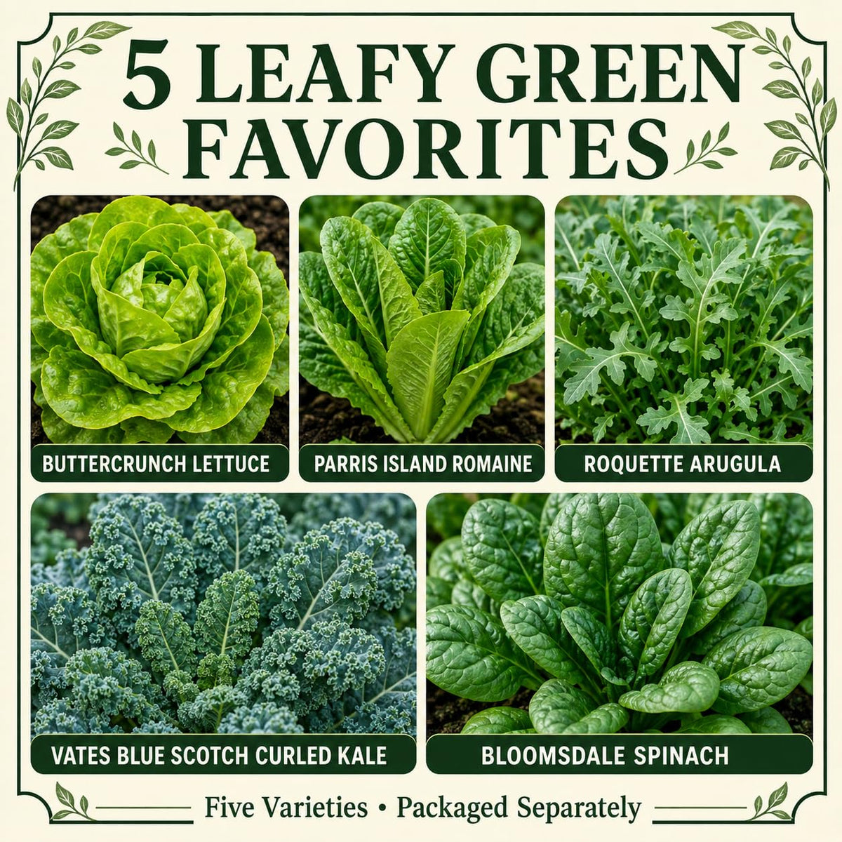 Gardeners Basics Lettuce and Greens Heirloom Vegetable Seed Non-GMO Seeds for Planting Indoors and Outdoor - Lettuce Buttercrunch, Romaine, Arugula, Kale and Spinach, Pack of 5