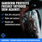 Saniderm - Tattoo Aftercare Bandage 10 Sheets - 4 x 4 Inch Small Pack | Contains Waterproof, Sterile, Latex-Free Bandage Sheets and Medical-Grade Tattoo Aftercare Film for Fresh Ink Protection.