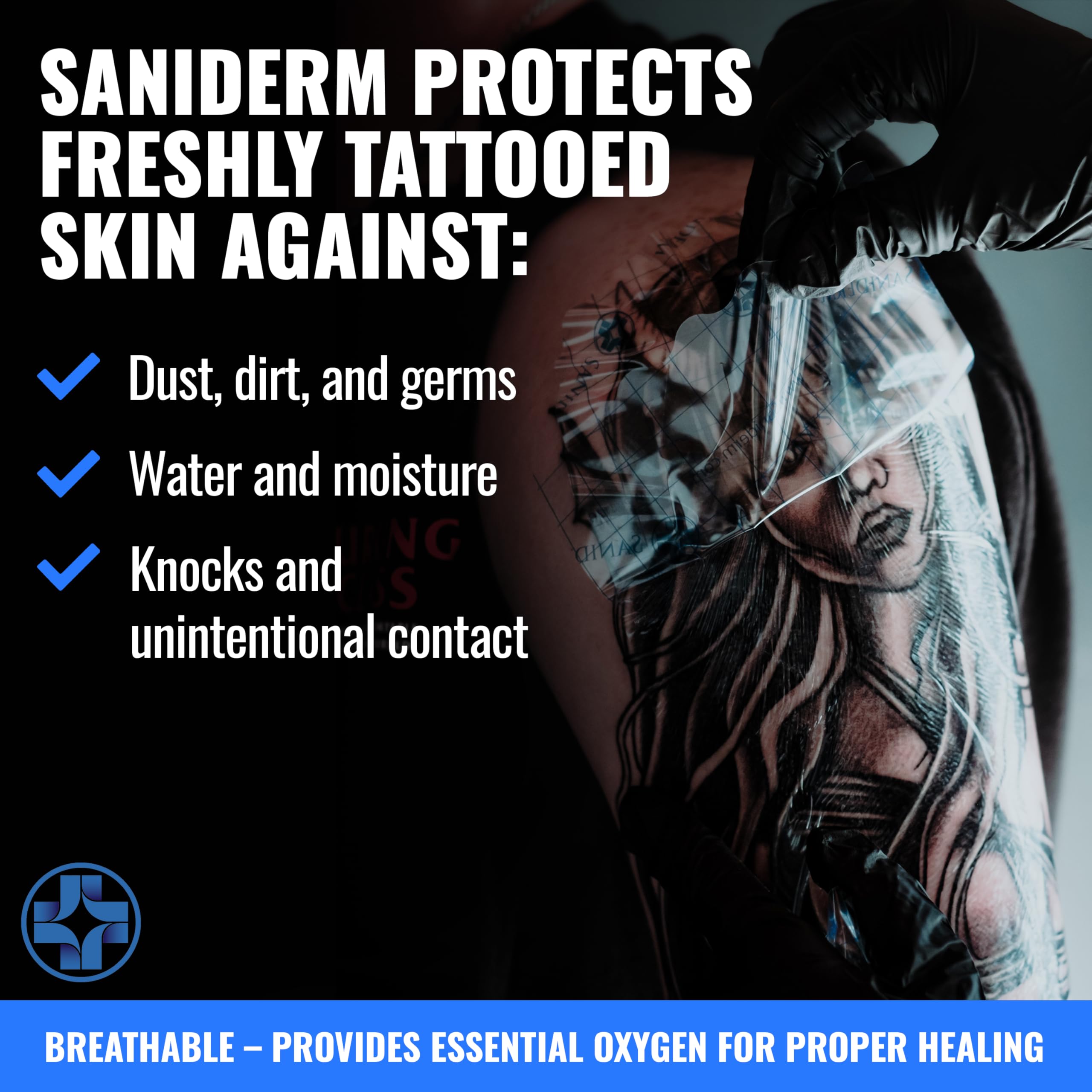 Saniderm - Tattoo Aftercare Bandage 10 Sheets - 4 x 4 Inch Small Pack | Contains Waterproof, Sterile, Latex-Free Bandage Sheets and Medical-Grade Tattoo Aftercare Film for Fresh Ink Protection.