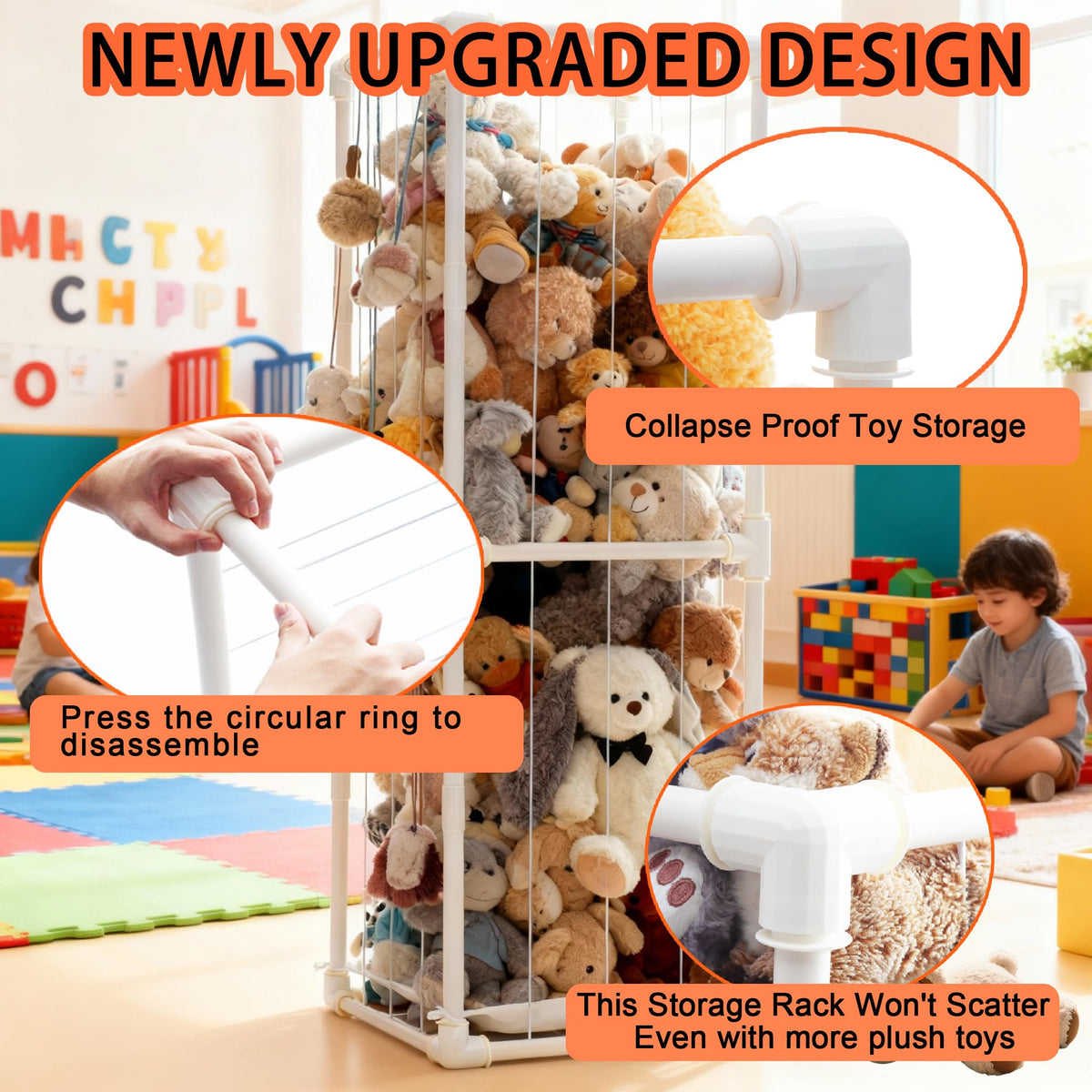 Stuffed Animal Storage Organizer, 58" Extra Large Zoo Cage for 80+ Plushies, Upgraded Quick-Lock Vertical Toy Holder for Kids Room & Playroom (White)