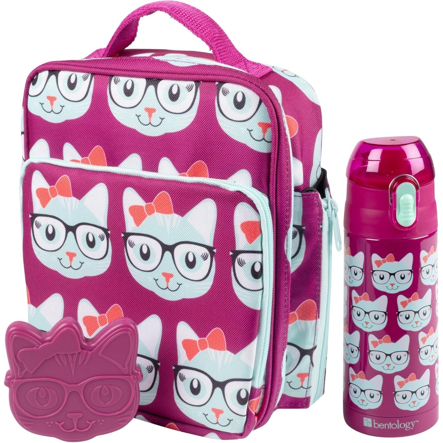 Buy now Bentology Kids Lunch Bag Set w Matching Reusable Water Bottle & Hard Ice Pack- Blue Purple Cheetah Cat- Insulated Tote, Stainless Steel Insulated Thermos, Hard Ice Pack- Back to School Lunchbox Kits Kitty at indiglob india