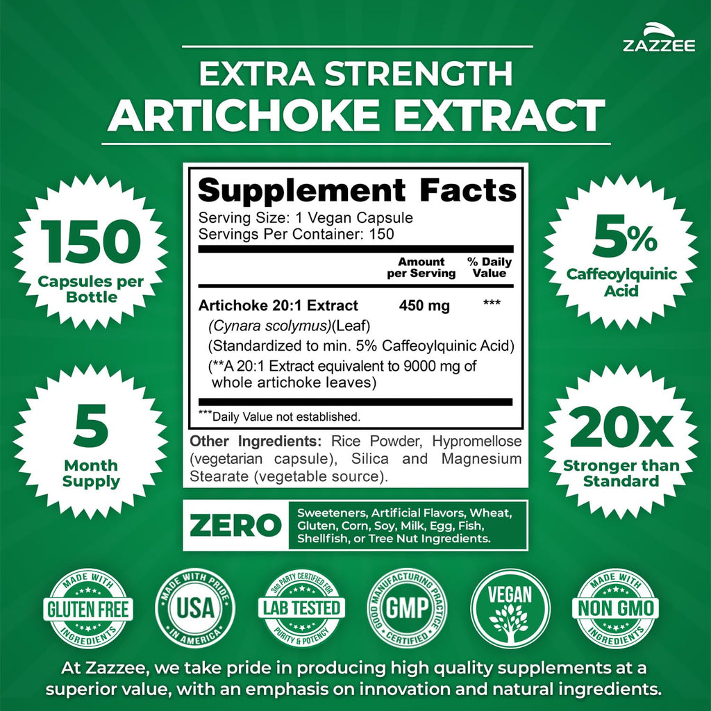 Zazzee Extra Strength Artichoke 20:1 Extract, 5% Caffeoylquinic Acid, Vegan
