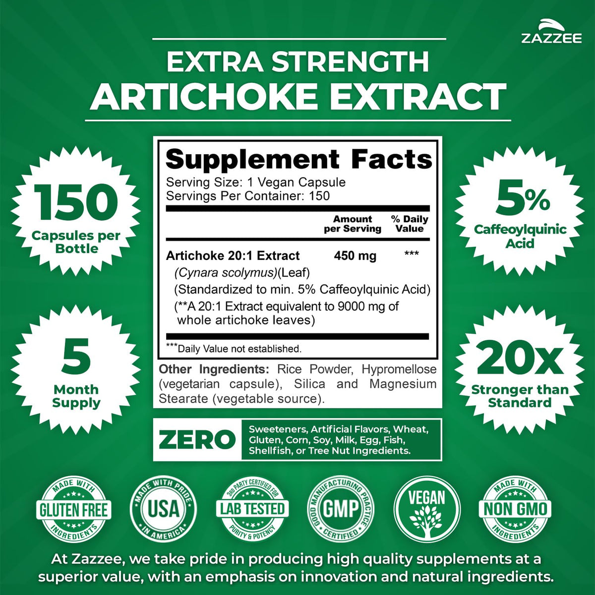 Zazzee Extra Strength Artichoke 20:1 Extract, 5% Caffeoylquinic Acid, Vegan