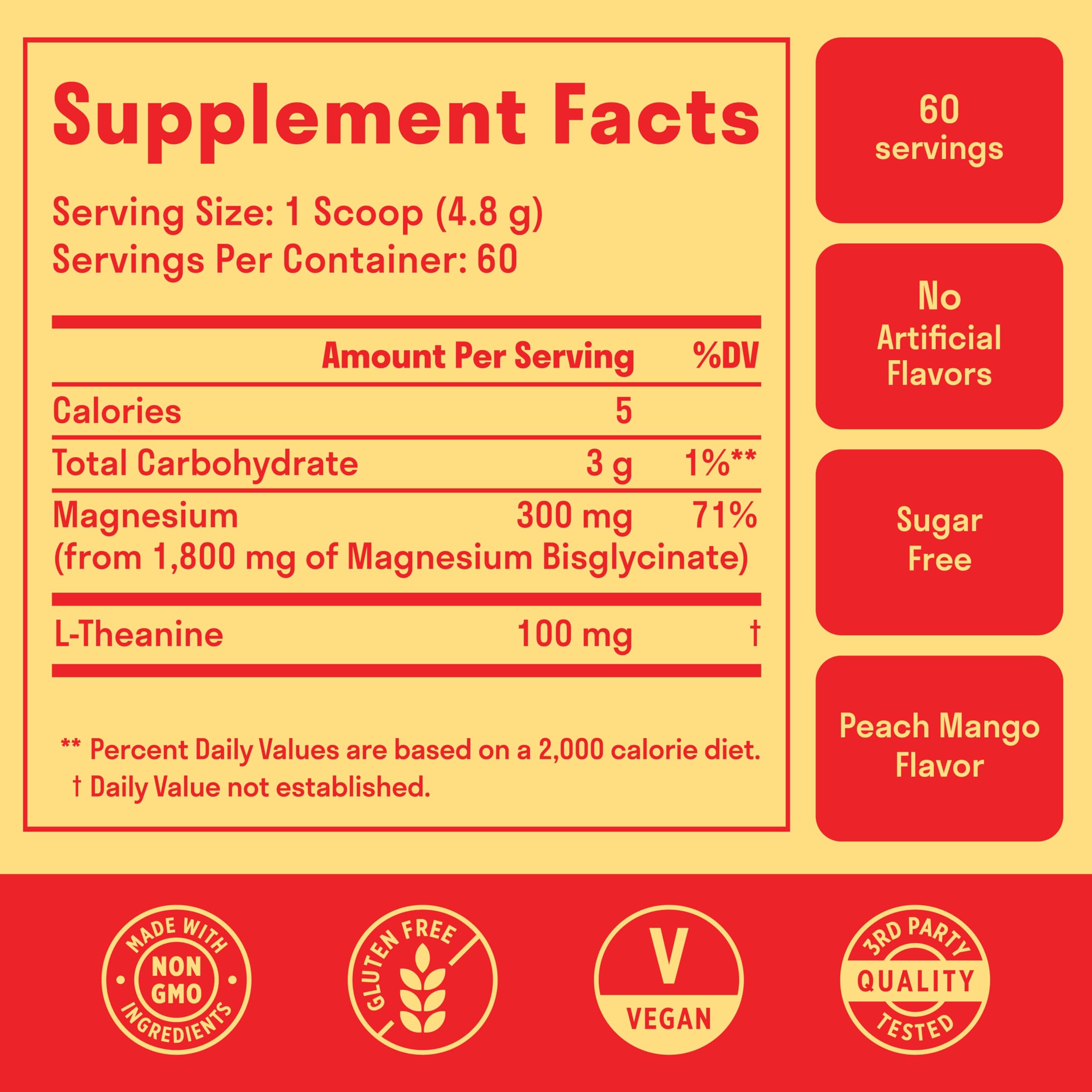 Magnesium Glycinate Powder + L Theanine, 60 Servings, 300mg, Peach Mango | Support Restful Sleep & Relaxation, Sugar-Free High Absorption Magnesium Powder, Calming Drink Mix, Chelated Magnesium Powder