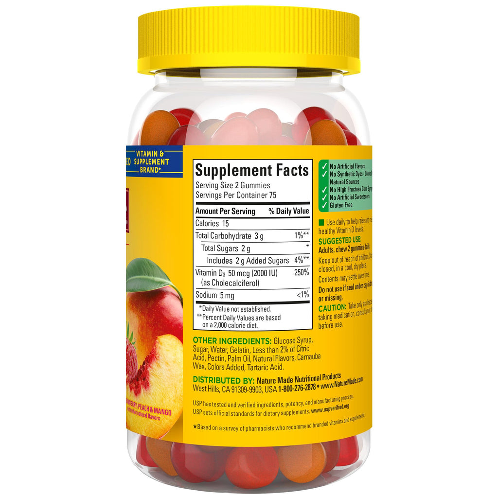 Nature Made Vitamin D3 2000 IU Per Serving Gummies,Bone,Teeth,Muscle and Immune Health Support,75 Day Supply,150 Vitamin D Gummies for Adults,(Pack of 2)