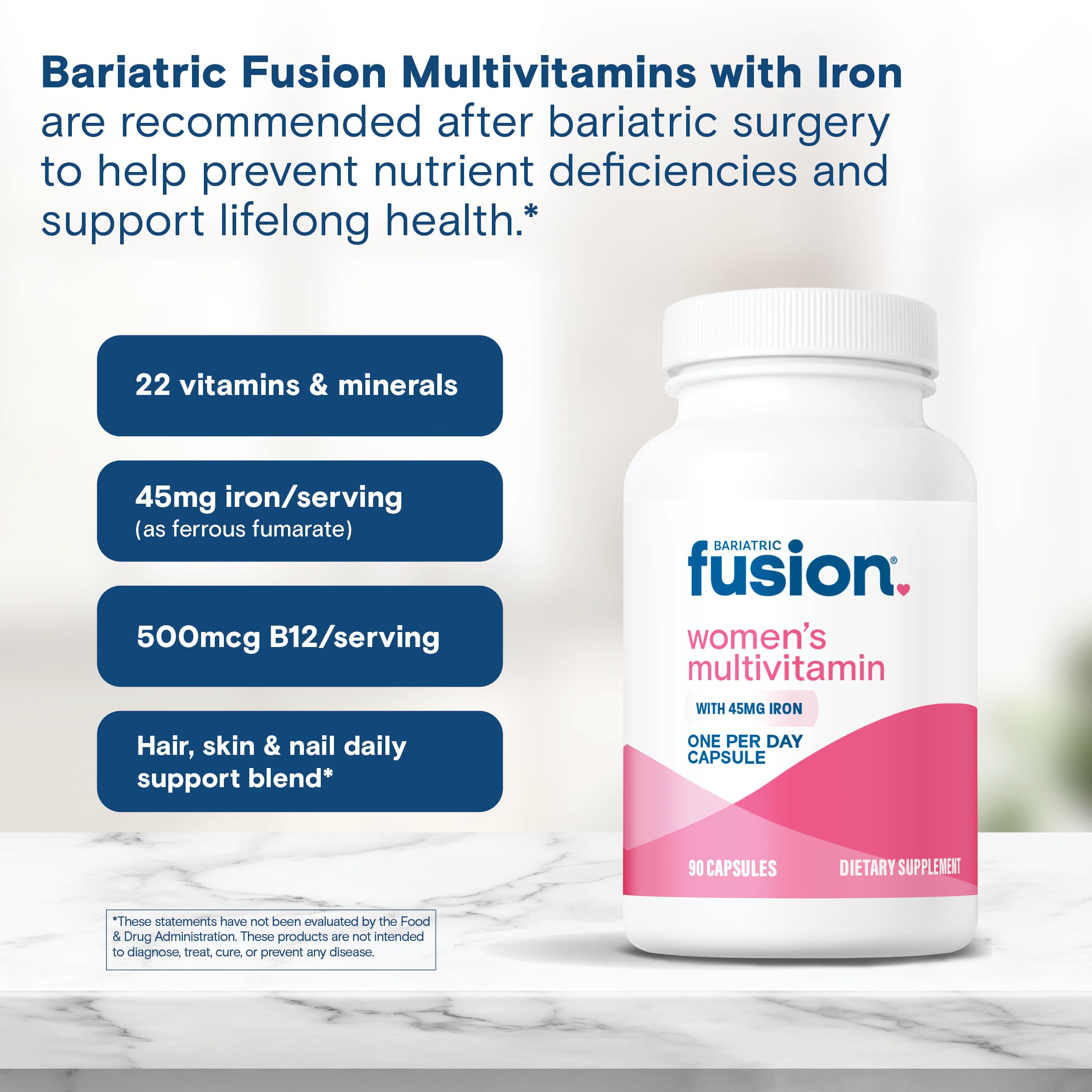 Bariatric Fusion One Per Day Bariatric Multivitamin with Iron for Women | with Hair and Nails Vitamin Blend | Gastric Bypass and Sleeve Gastrectomy | 90 Count | 3 Month Supply