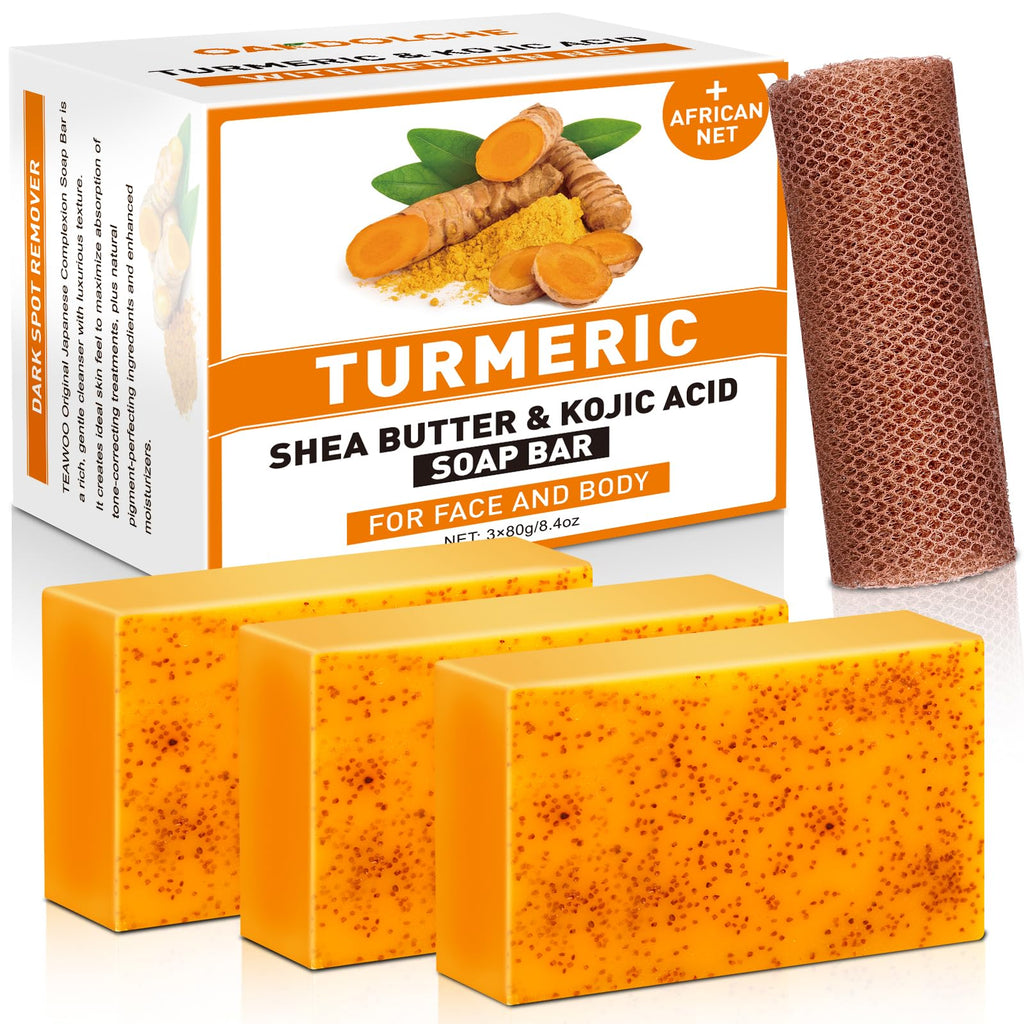 5 Pcs 80g Turmeric Kojic Acid Soap Bars with 2 Foaming Mesh Nets | Infused with Retinol, Collagen, Vitamin E & Shea Butter, SLS-Free, Gentle for Face, Body & Underarms, Fits Oily & Dry Skin