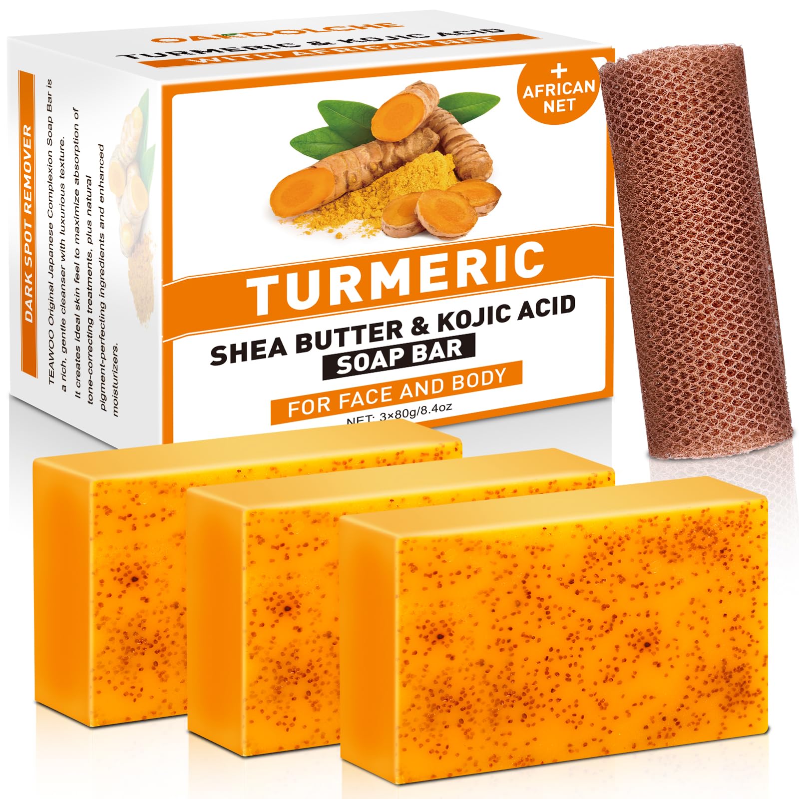 5 Pcs 80g Turmeric Kojic Acid Soap Bars with 2 Foaming Mesh Nets | Infused with Retinol, Collagen, Vitamin E & Shea Butter, SLS-Free, Gentle for Face, Body & Underarms, Fits Oily & Dry Skin