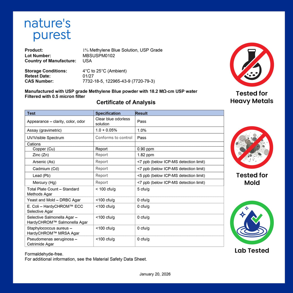 Sweat & Soul Methylene Blue Pharmaceutical Grade 2oz - Made in USA - Balanced Electrolytic 1% Solution - USP Grade, No Formaldehyde, No Alcohol, 3rd Party Tested