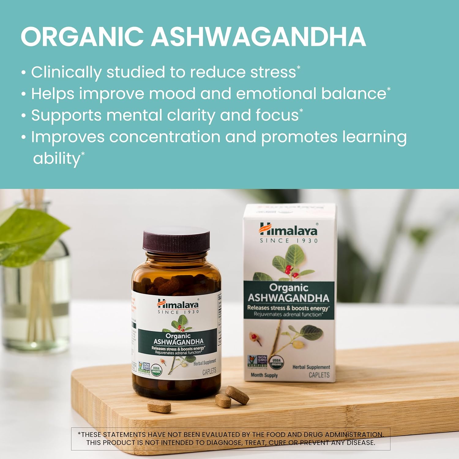 Buy now Himalaya Organic Ashwagandha, 60 Day Supply, Herbal Supplement for Stress Relief, Energy Support, Occasional Sleeplessness, Organic, Non-GMO, Vegan, Gluten Free, 670 mg, 60 Caplets at indiglob india