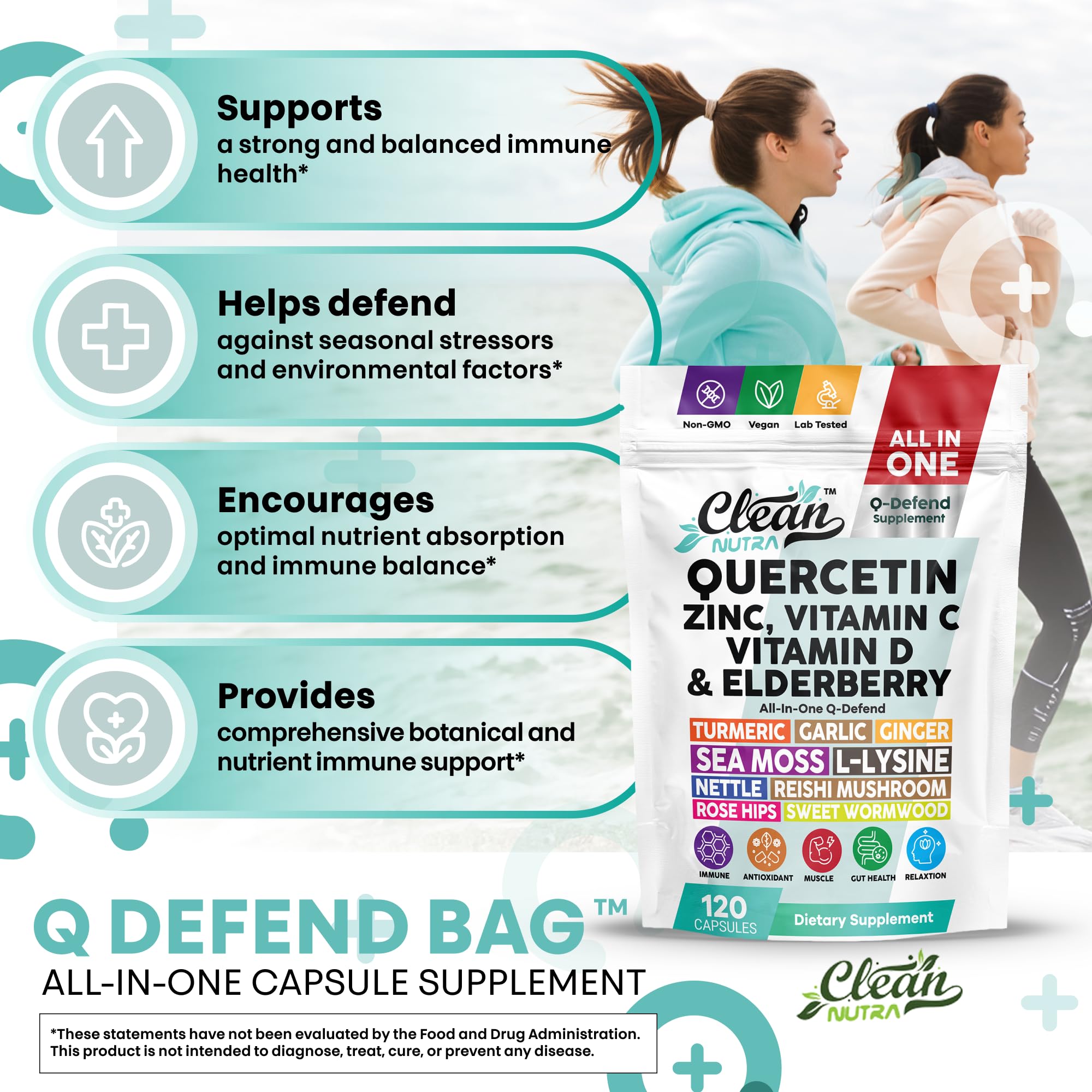 Q Defend Quercetin Supplement with Zinc Vitamin C Vitamin D Elderberry Turmeric Black Pepper Garlic Ginger Sea Moss Lysine Stinging Nettle Reishi Mushroom Immune Support 120 Capsules by Clean Nutra