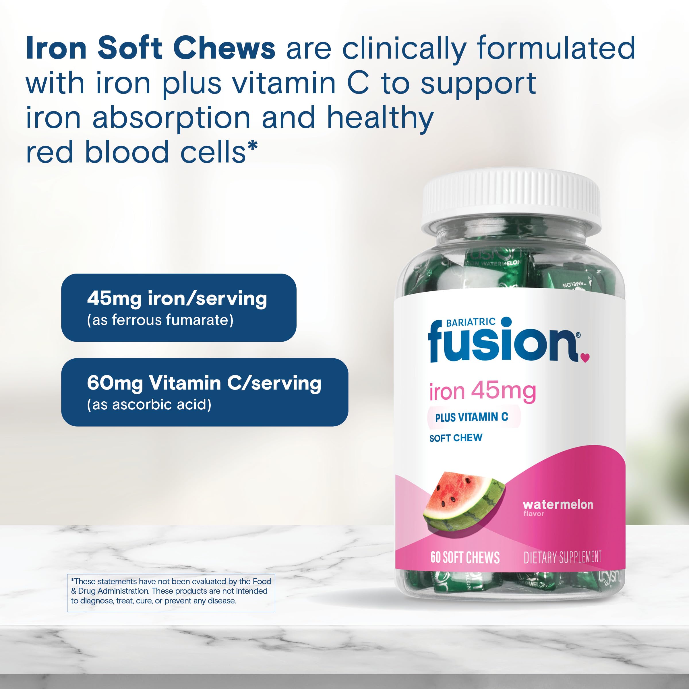 Bariatric Fusion Iron Supplement for Women Anemia | Chewable Iron with Vitamin C | Watermelon Flavored Soft Chew | Gentle on Stomach Ferrous Fumarate for Women and Men | Gluten Free | 60 Count