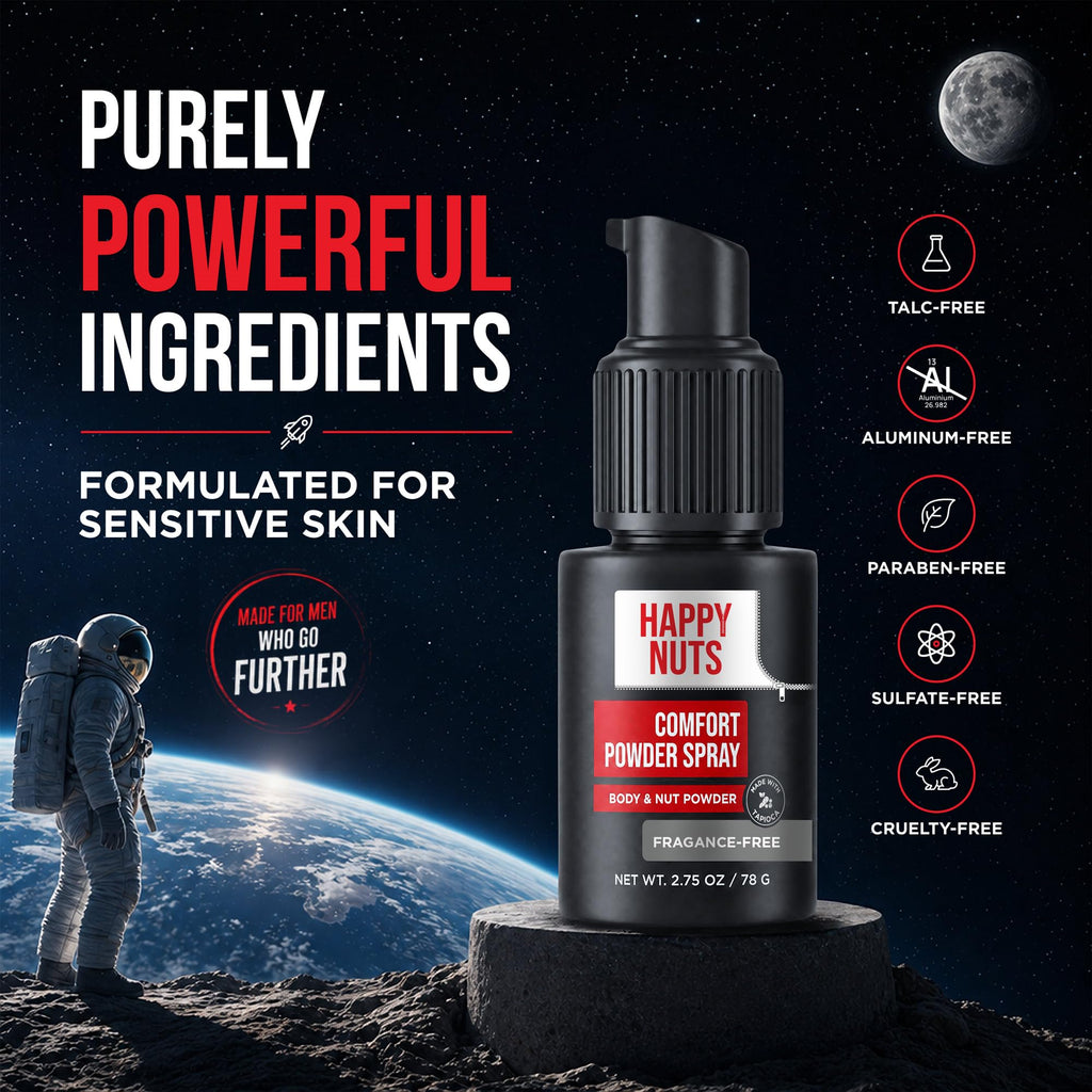 HAPPY NUTS Comfort Powder Spray Deodorant For Men: Anti-Chafing, Sweat and Odor Control for Jock Itch, Aluminum-Free, 2.75 oz (1 Pack), Fragrance-Free