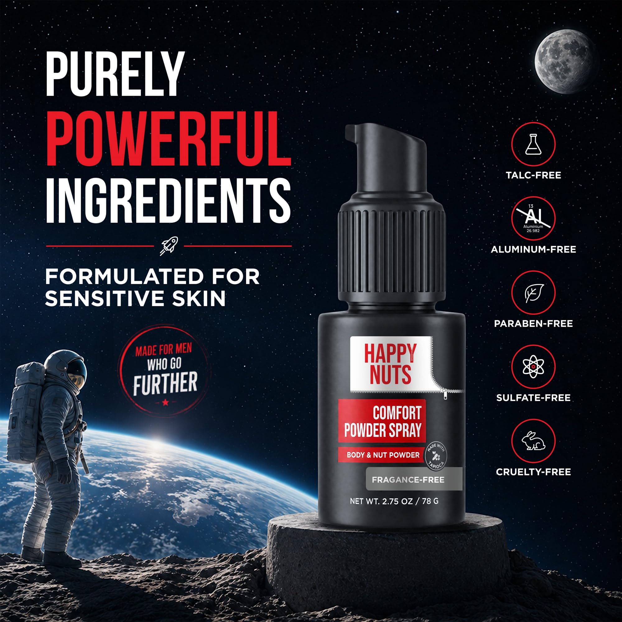 HAPPY NUTS Comfort Powder Spray Deodorant For Men: Anti-Chafing, Sweat and Odor Control for Jock Itch, Aluminum-Free, 2.75 oz (1 Pack), Fragrance-Free
