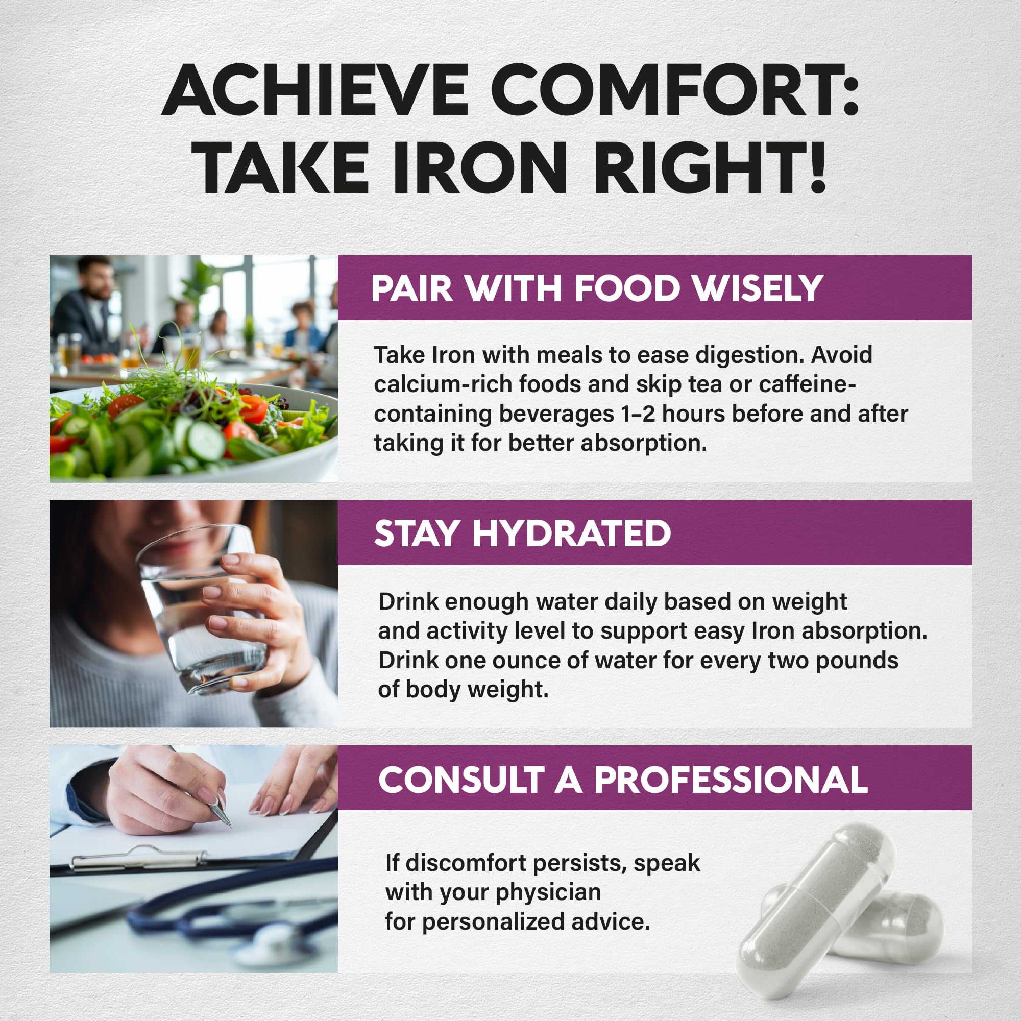 Iron Supplement for Women - Iron 65mg (Ferrous Sulfate 325mg) - 60 Caps | Iron Level & Energy Support - Vitamins C, D3, B6, B12 & Folate - Stomach Friendly, Slow Release, Bioavailable - 60-Day Supply
