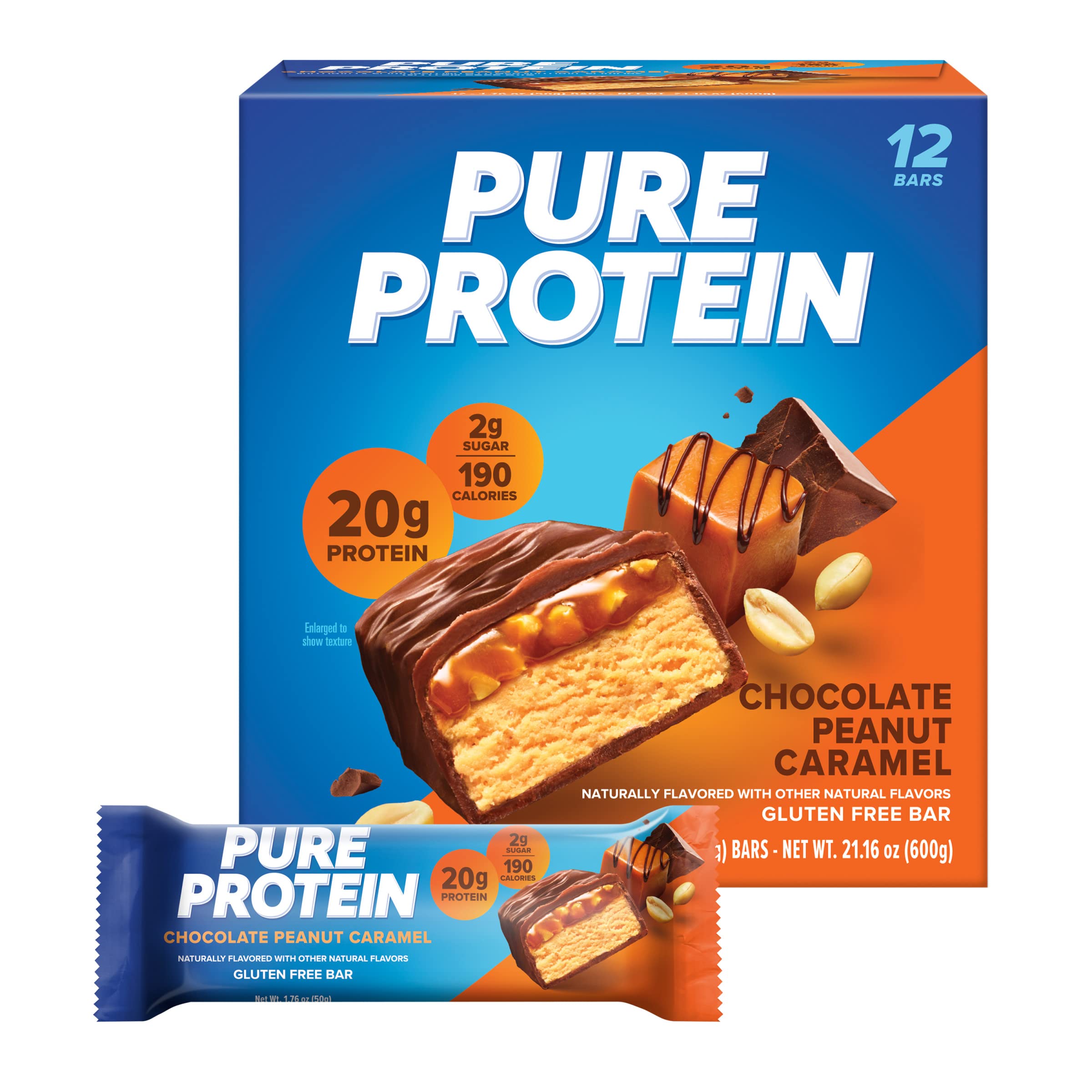 Buy now Pure Protein Chocolate Peanut Caramel Protein Bars â€“ 20g Protein, 3g Sugar, 190 Calories (12 count) Low Sugar* High Protein Snack - Gluten Free - Perfect for a Healthy Snack at indiglob india