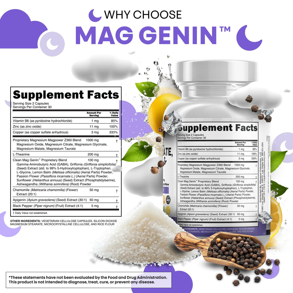 Clean Nutraceuticals Magnesium Glycinate Complex 1000mg with L-Theanine 200mg Apigenin 50mg Citrate Taurate Supplement (60 Count (Pack of 2))