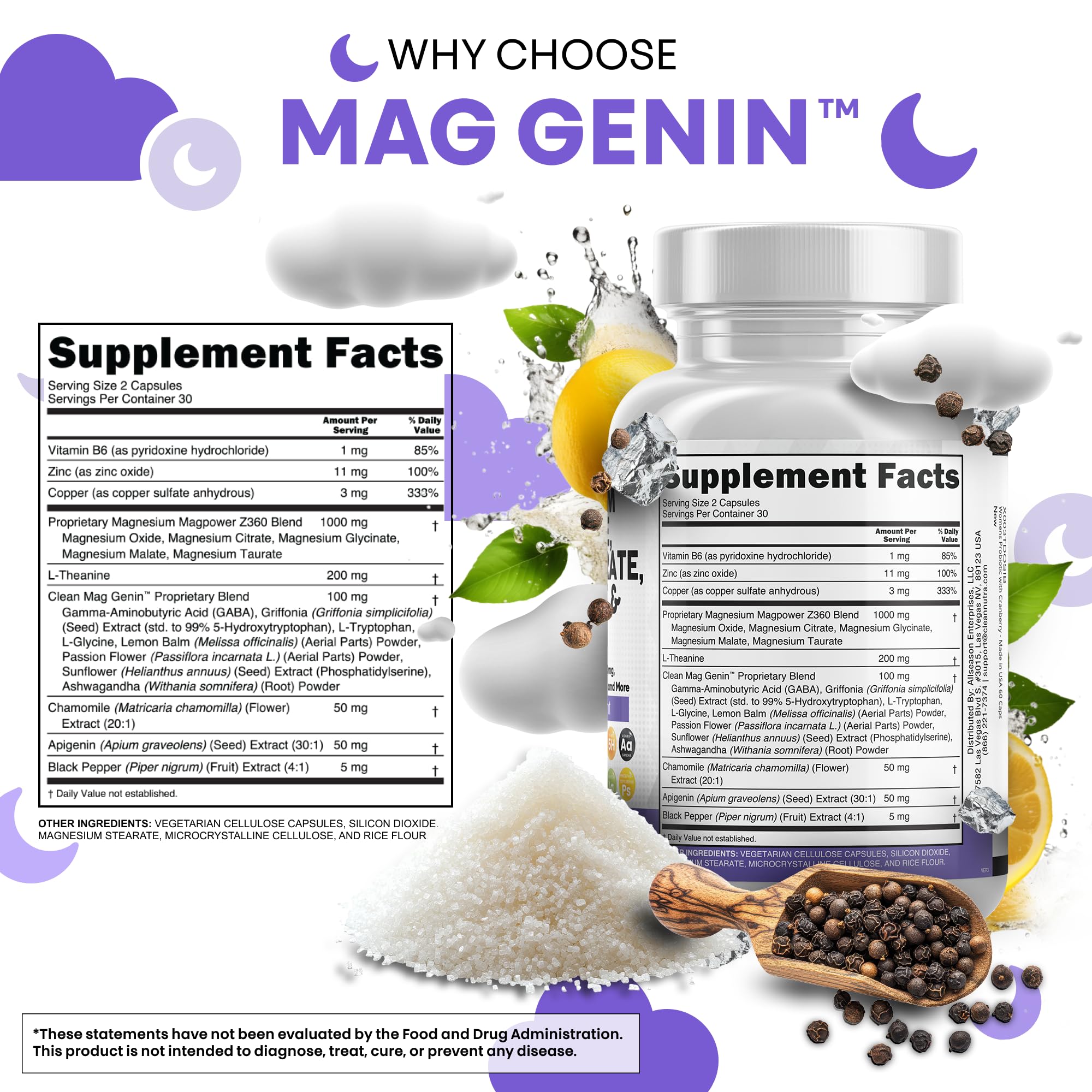 Clean Nutraceuticals Magnesium Glycinate Complex 1000mg with L-Theanine 200mg Apigenin 50mg Citrate Taurate Supplement (60 Count (Pack of 2))