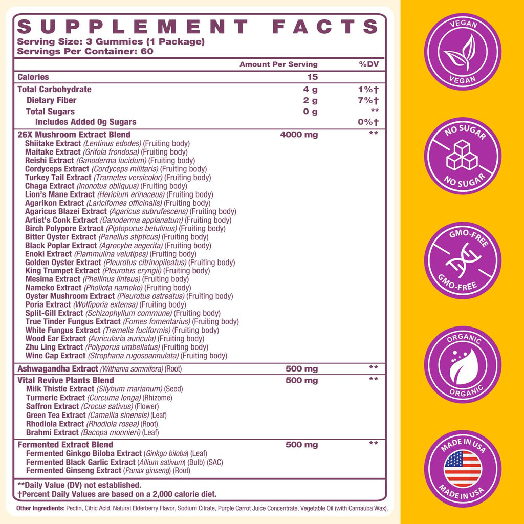 Mushroom Gummies 4000mg, Brain Supplements for Memory and Focus, 26x Mushroom Supplement with Ashwagandha & Lion's Mane, Milk Thistle, Green Tea - Focus, Clarity, Immunity, Liver | 180 Count