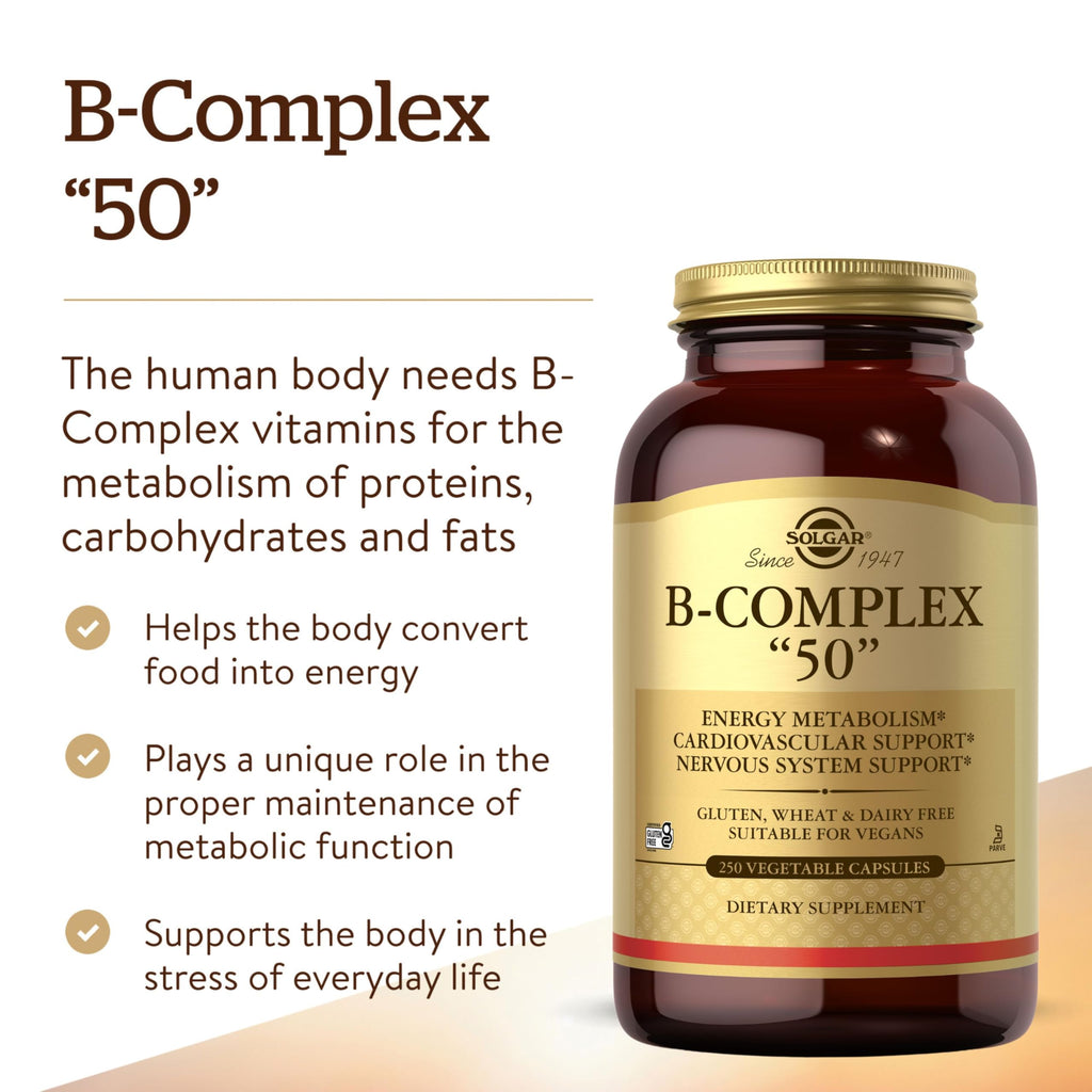 Solgar B-Complex 50", 250 Vegetable Capsules - Energy Metabolism | Cardiovascular Support, Nervous System Support - Non-GMO, Vegan, Gluten Free, Dairy Free, Kosher - 250 Servings