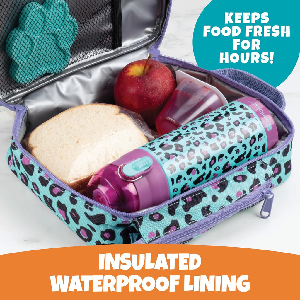 Buy now Bentology Kids Lunch Bag Set w Matching Reusable Water Bottle & Hard Ice Pack- Blue Purple Cheetah Cat- Insulated Tote, Stainless Steel Insulated Thermos, Hard Ice Pack- Back to School Lunchbox Kits at indiglob india