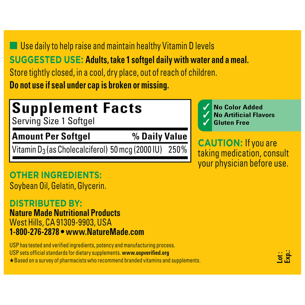 Nature Made Vitamin D3 2000 IU (50 mcg), 250 Vitamin D Softgels | Vitamin D Supplement for Immune, Bone, Teeth and Muscle Health Support, 250 Day Supply