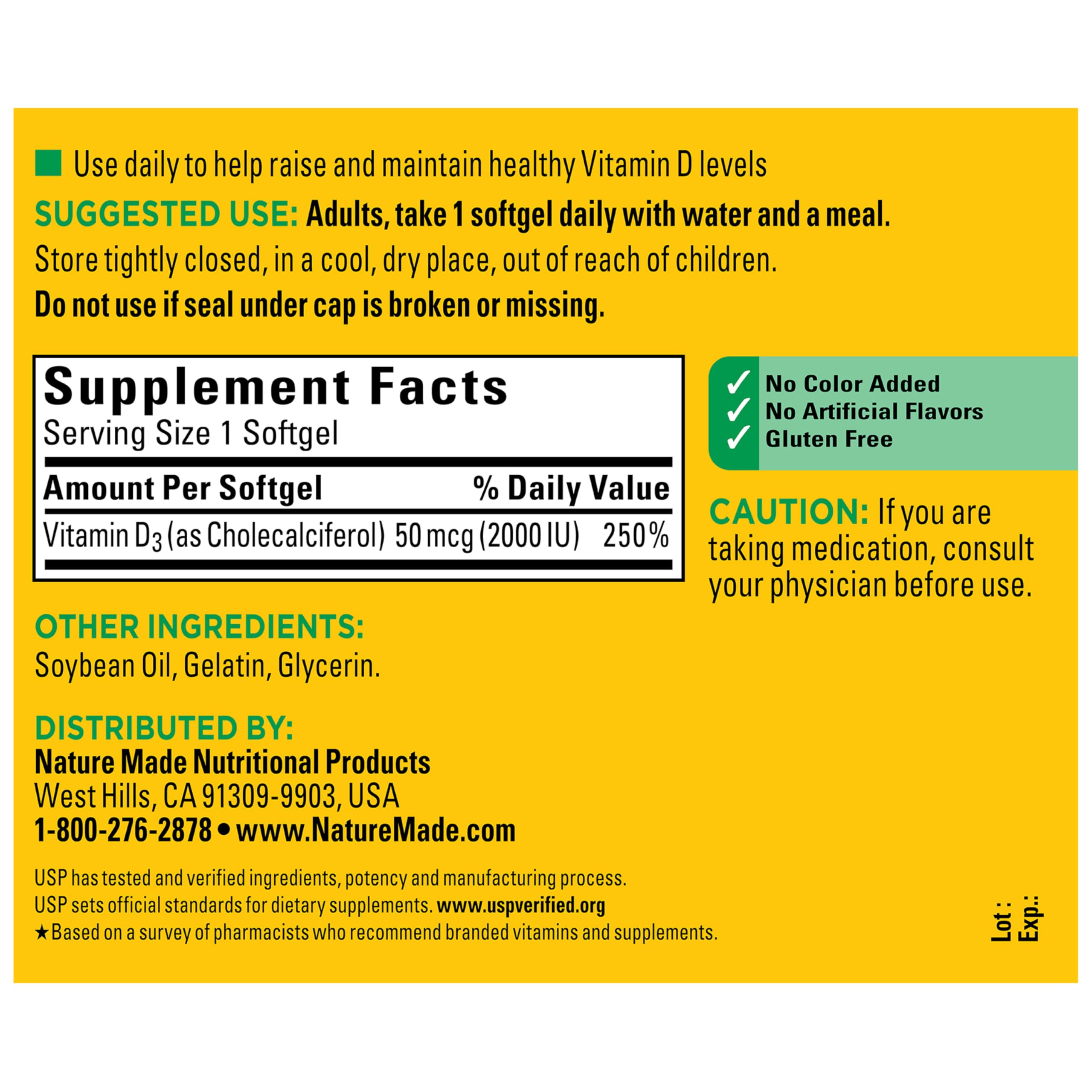 Nature Made Vitamin D3 2000 IU (50 mcg), 250 Vitamin D Softgels | Vitamin D Supplement for Immune, Bone, Teeth and Muscle Health Support, 250 Day Supply