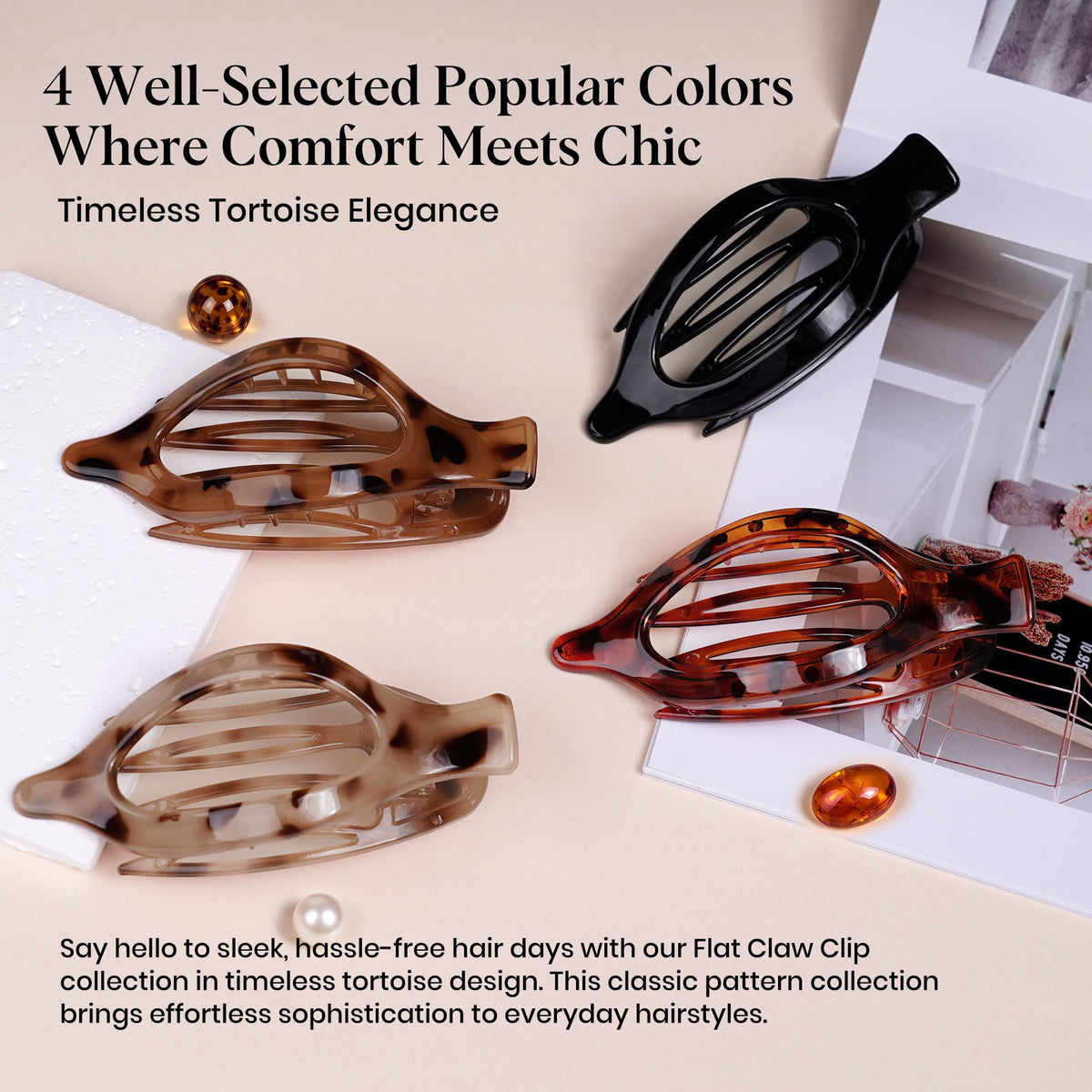 4 PCS Large Flat Hair Clips for Women Girls, French Concord Lay Down Claw Clips for Thick Thin Hair, Comfortable Curved Flat Clip, Leopard Print Stylish Strong Hold Hair Accessories, Tortoise