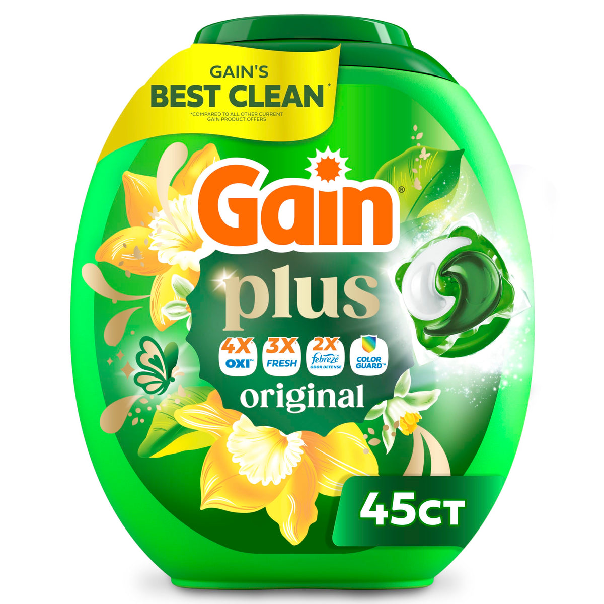 Gain Plus Flings Liquid Laundry Detergent Pacs, Gain's Best Clean, All-In-One, Original Scent, 45 Count