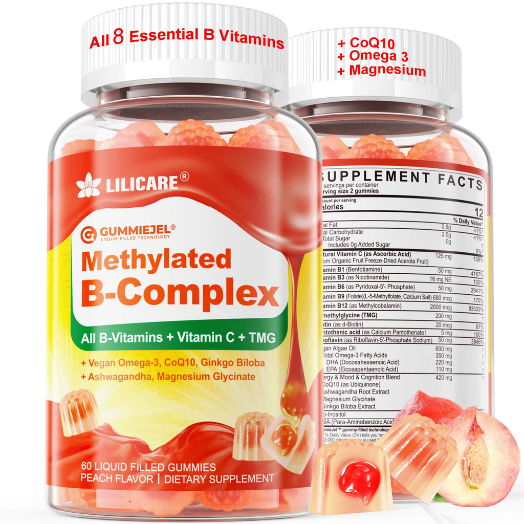 Super Vitamin B Complex Filled Gummies for Women Men, Methylated w/Omega 3 | Magnesium, CoQ10, Ashwagandha, Vitamin C, TMG -All B - B1, B2, B3, B5, B6,B7,B9,Methyl B12, Inositol, PABA, Sugar Free, 2Pack