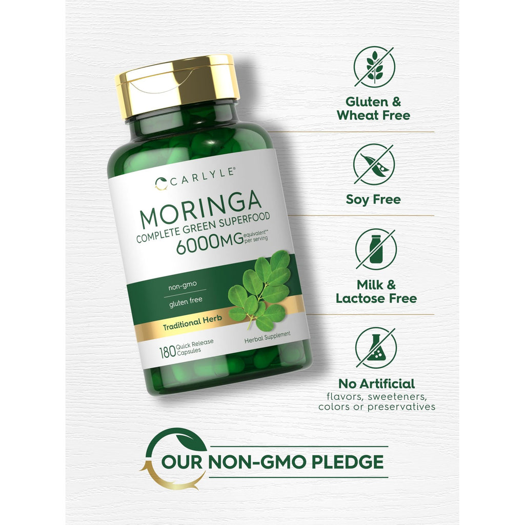 Carlyle Moringa Oleifera Supplement | 180 Capsules | Complete Green Superfood for Women and Men | From Moringa Leaf Powder | Non-GMO and Gluten Free
