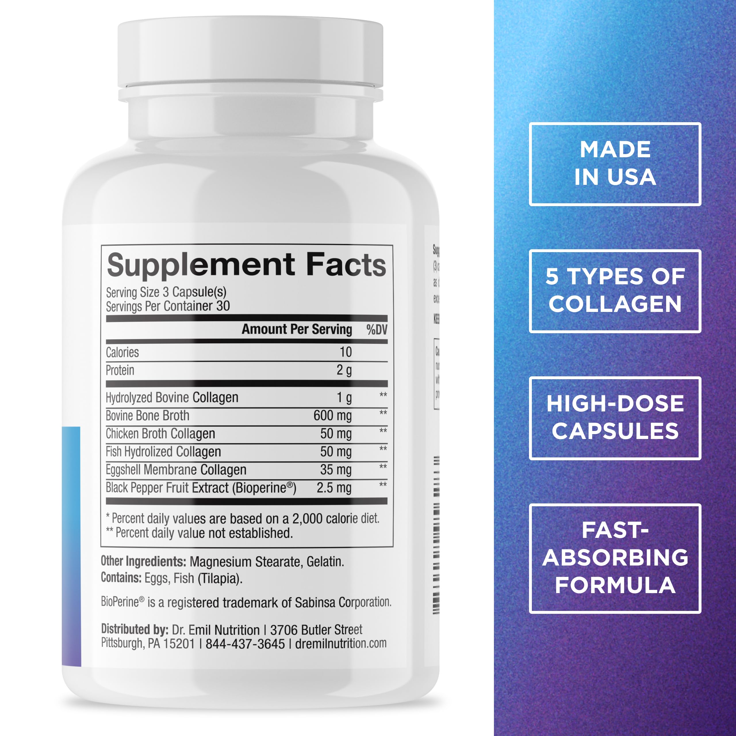 Dr. Emil Multi Hydrolized Collagen, Types I, II, III, V & X, 90 Capsules | All-in-One Hydrolyzed Collagen Blend Supporting Hair, Skin, Nails, and Joints, Non-GMO and Gluten-Free Formula